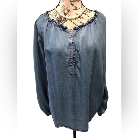 J Jill Denim Women's Large Blue Blouse ruffled neck popover Tencel L/S - Picture 1 of 4